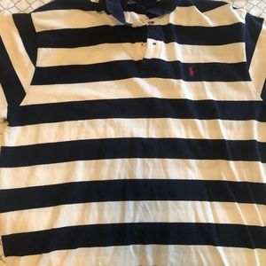 White and blue striped polo shirt